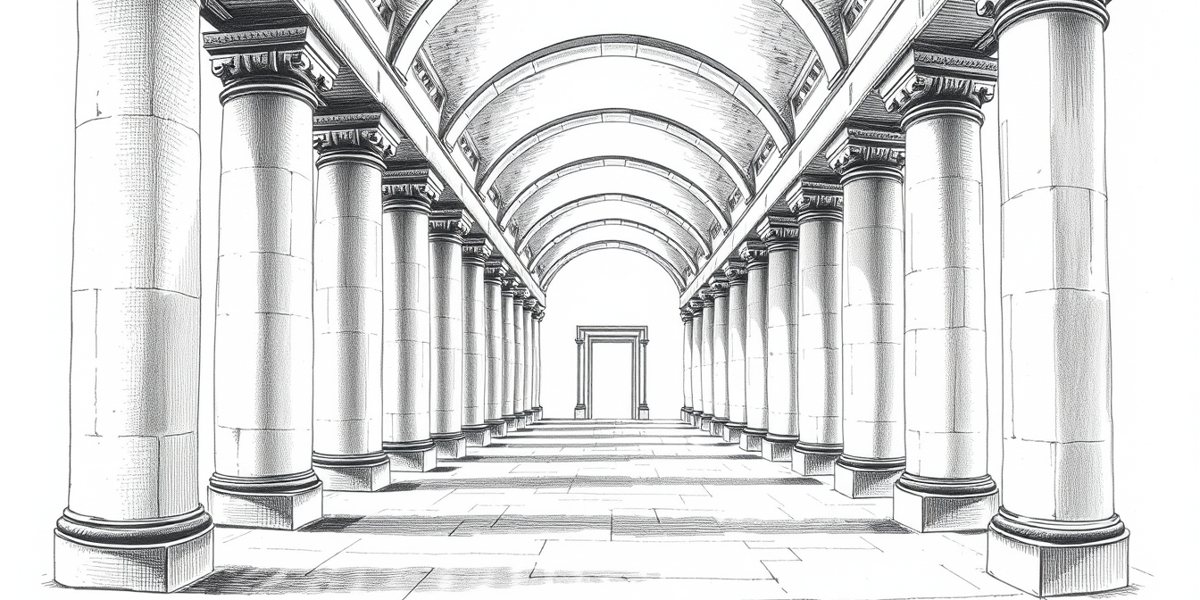 Ink drawing of a stone colonnade narrowing to one doorway